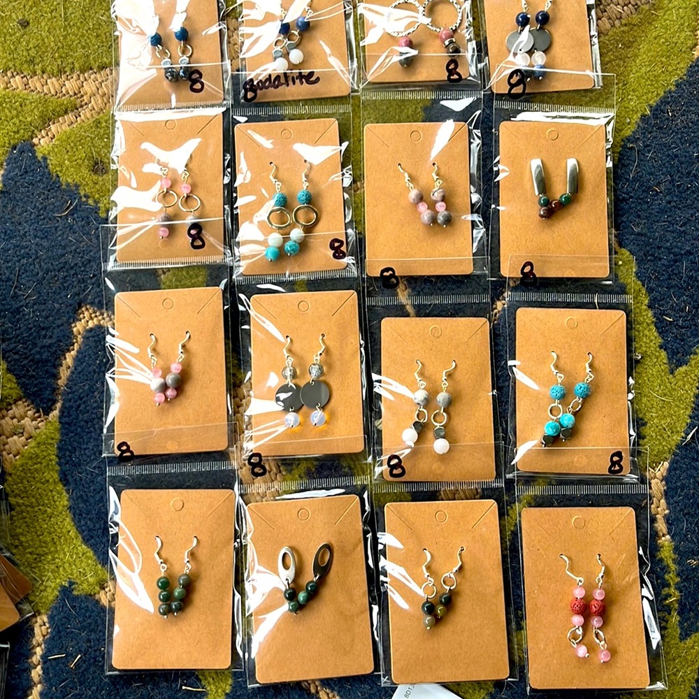 Jasper, glass, lava rock beaded earrings. $8 ea